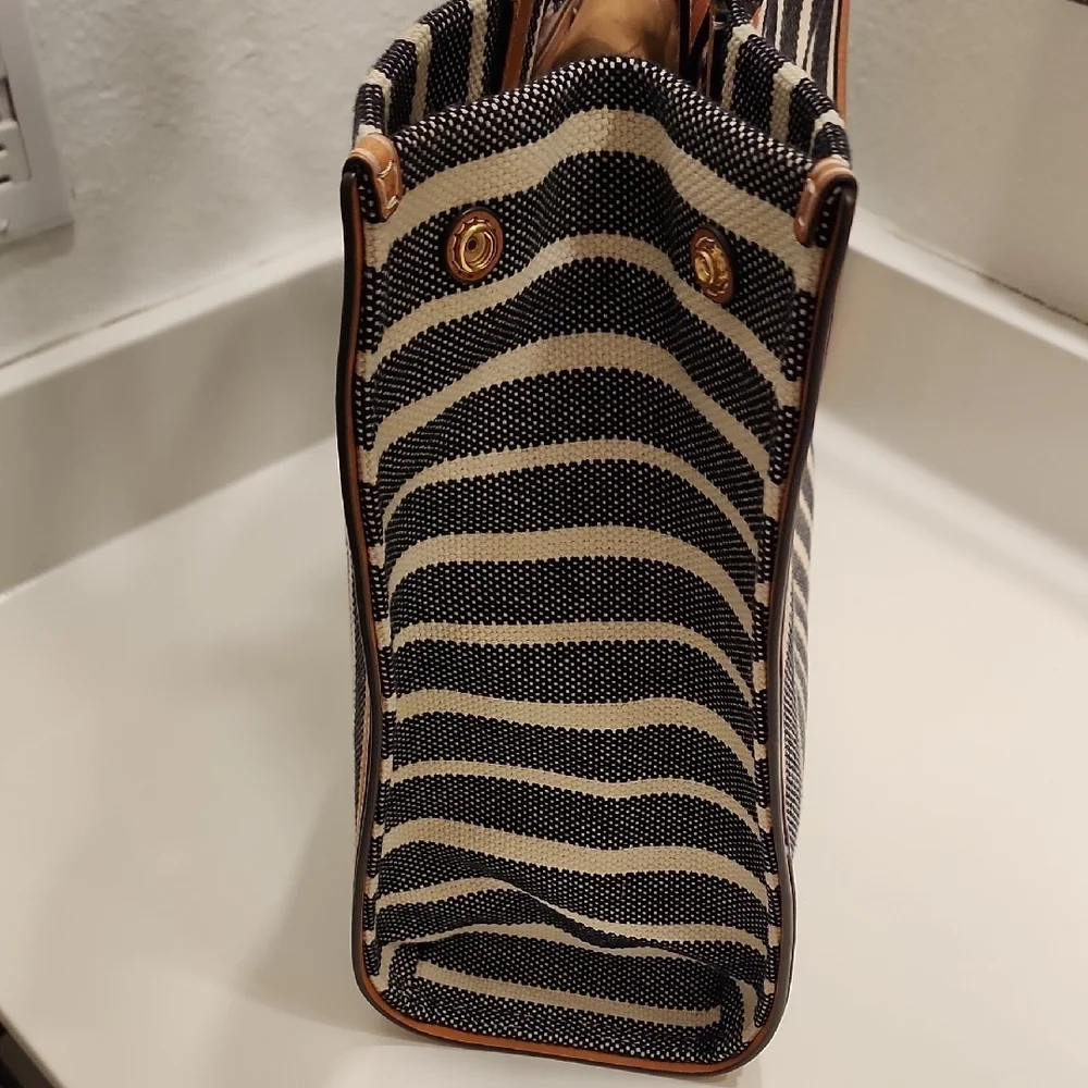 Tory Burch Striped Ella Tan and Black Tote Bag - Picture 5 of 11
